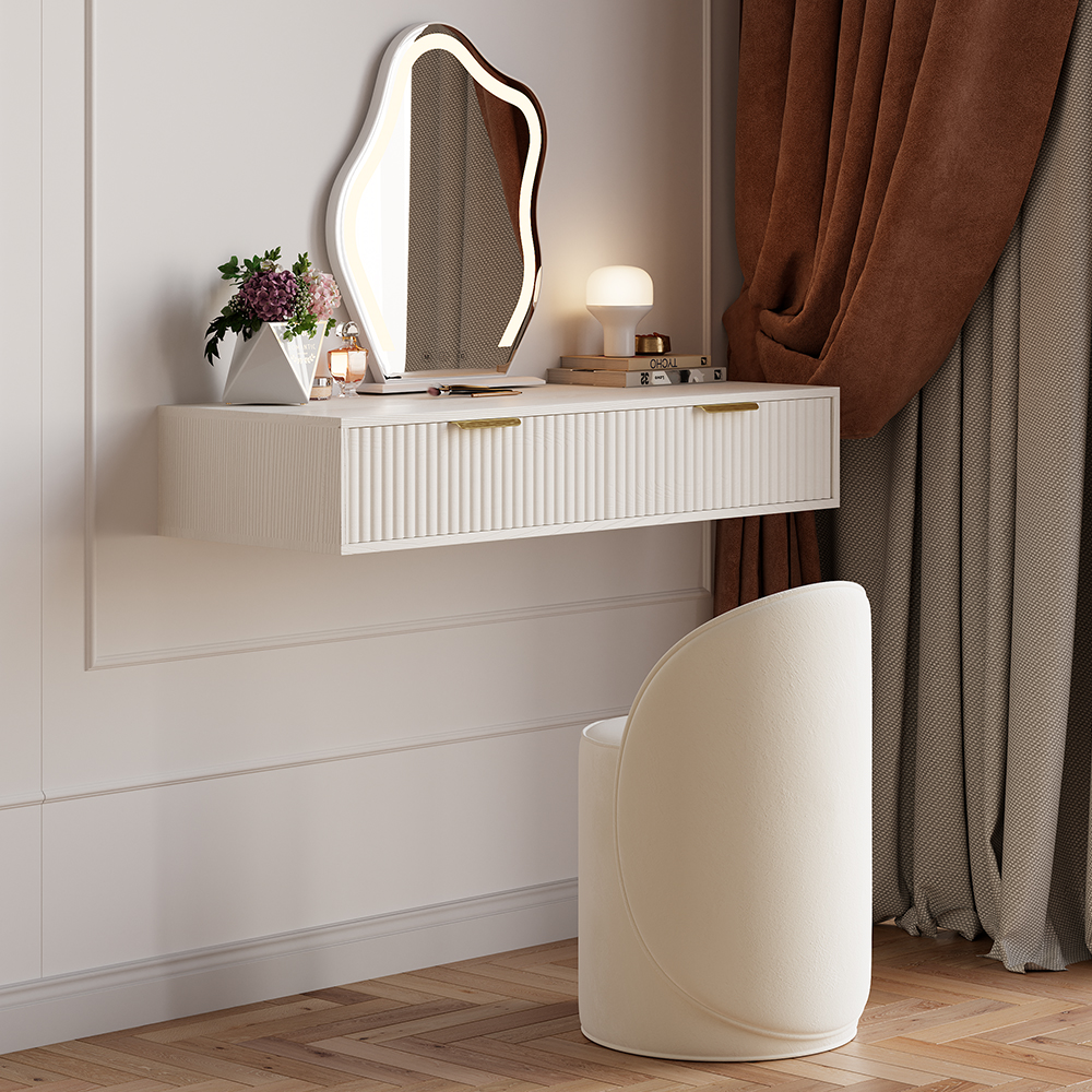 Modern White Floating Makeup Vanity Set with Drawers Dressing Table with Stool &amp; Mirror