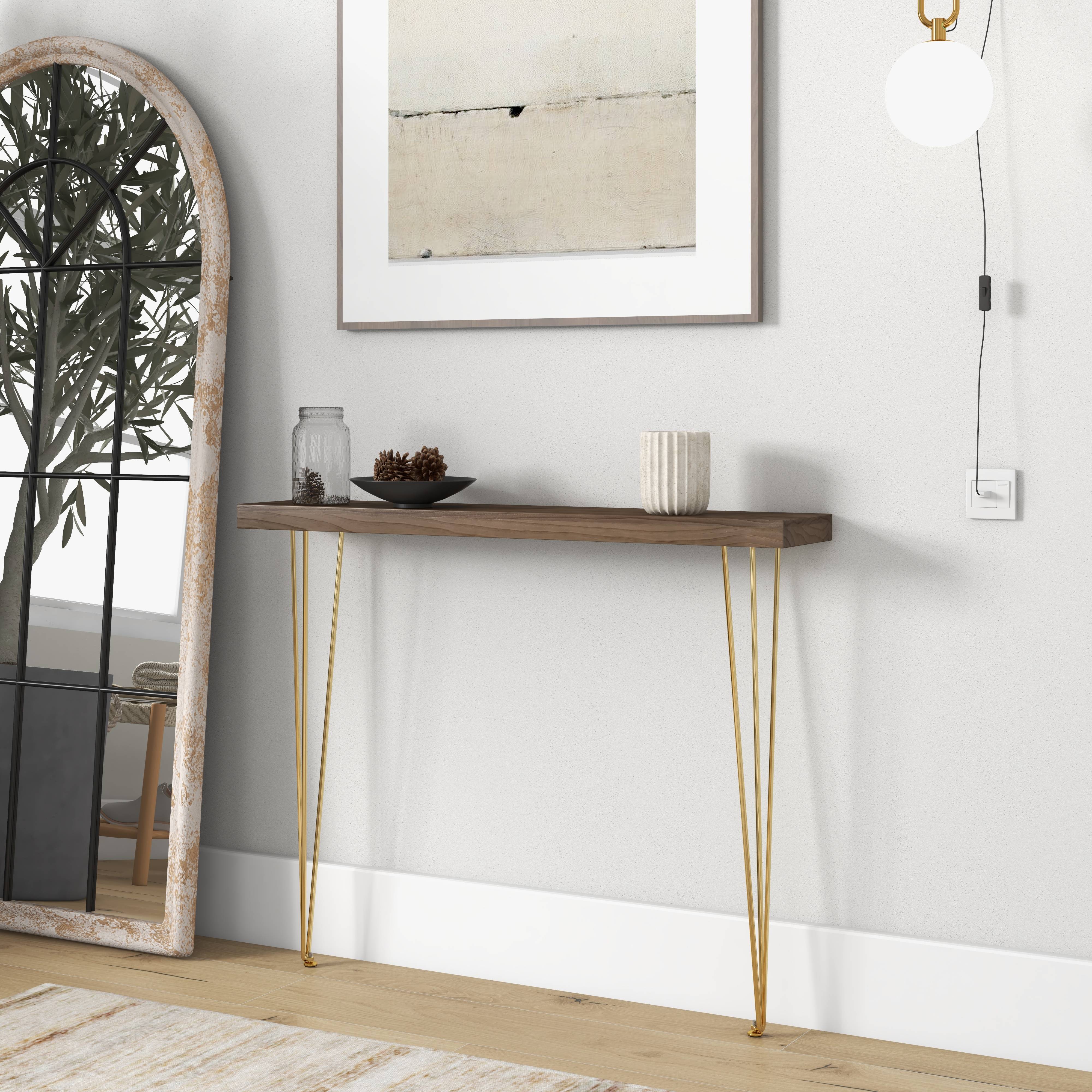 39.4" Rustic Walnut Narrow Rectangular Console Table with Wooden Top & Metal Legs