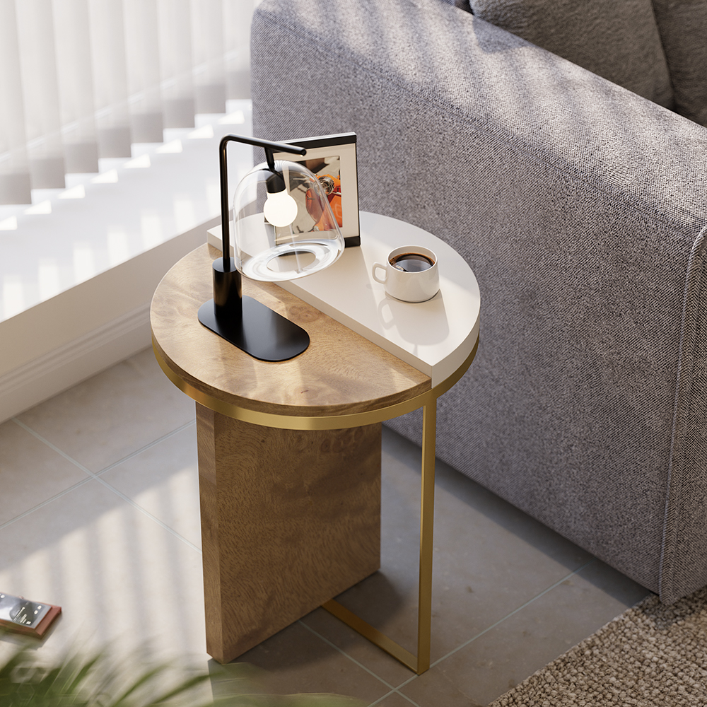 White Round Side Table with Burl Wood Gold Stainless Steel End Table