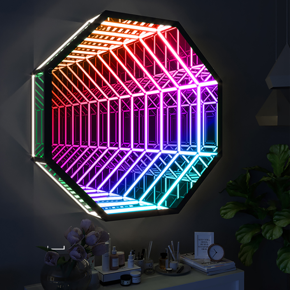 3D Octagon LED Tunnel Infinity Wall Mirror Decor Light Art Party Living Room Bedroom
