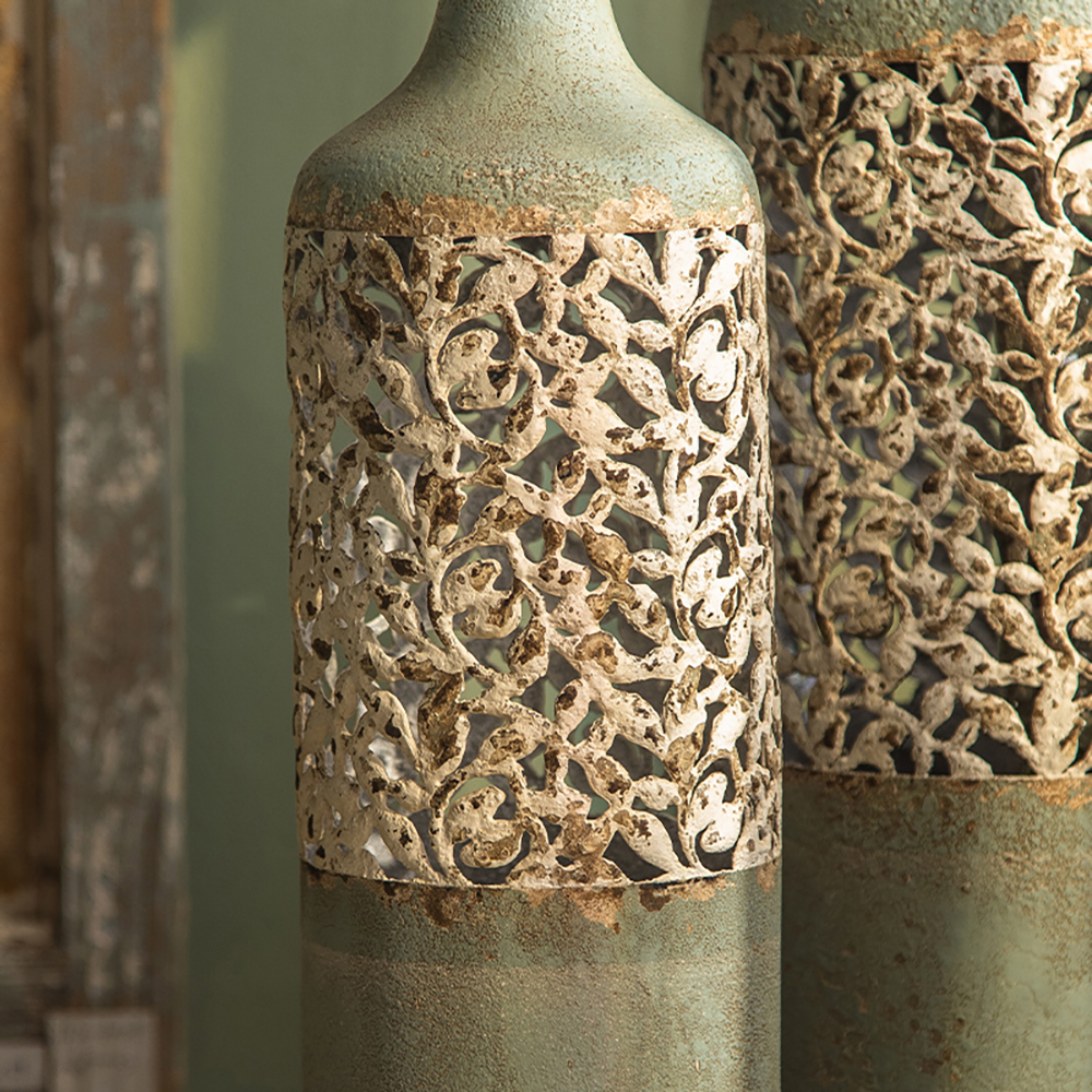 Jarrón grande de metal para suelo, diseño campestre francés de 515 mm, alto, decoración geométrica para el hogar, arte verde y blanco