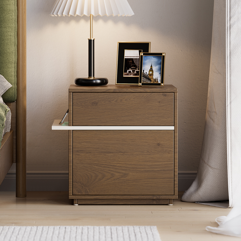 Modern Wood Walnut Nightstand With Shelving Door 1 Drawer Bedside Table With Cord Hole in US