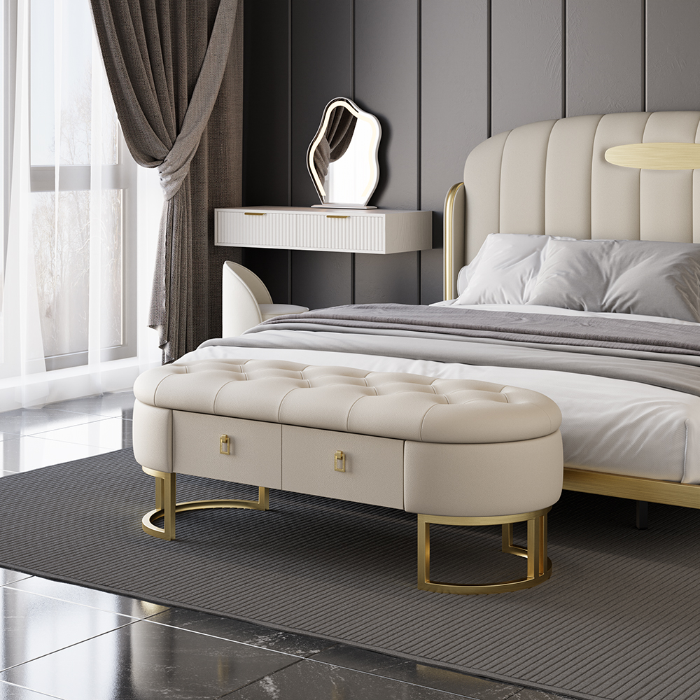 Modern Beige Bedroom Storage Tufted Bench with 2 Drawers in Leather Upholstery