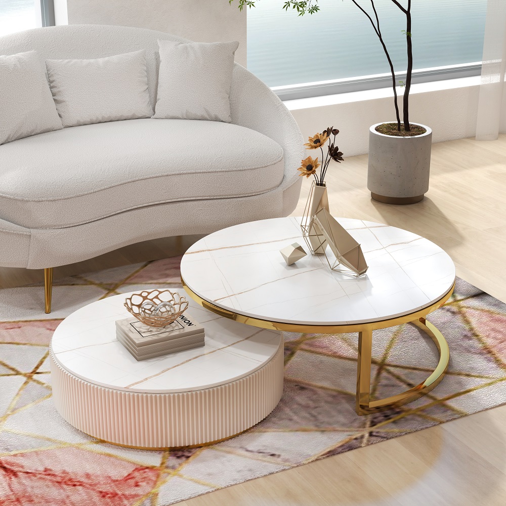 Round 2-Piece Nesting Set Sintered Stone Top Beige Coffee Table with Drawer