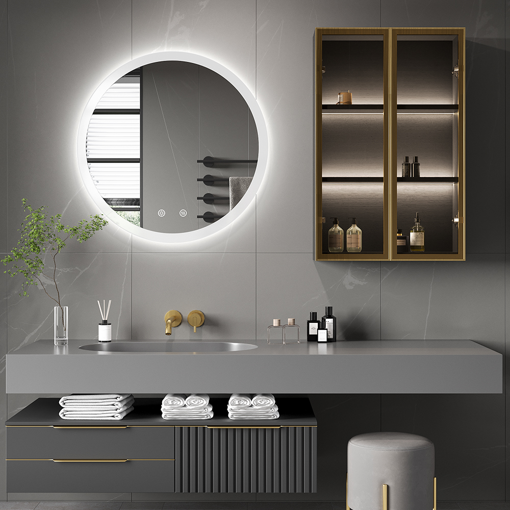 Black Modern Bathroom Mirror With Side Cabinet Glass Door Wall-mounted in US