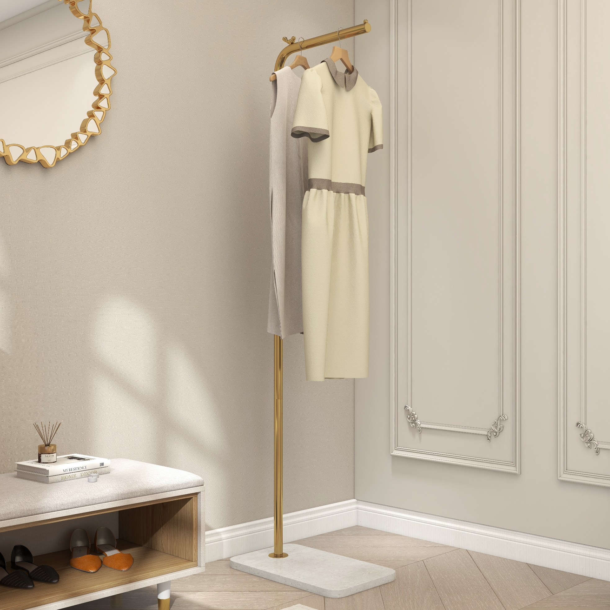 77" Modern L-Shaped Metal Cloth Rack with Marble Base