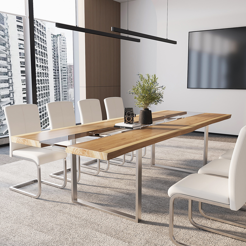 94.5" Natural & Clear Conference Table with Cable Management Modern Rectangular Office Desk with Pine Wood & Acrylic Tabletop and Stainless Steel Base