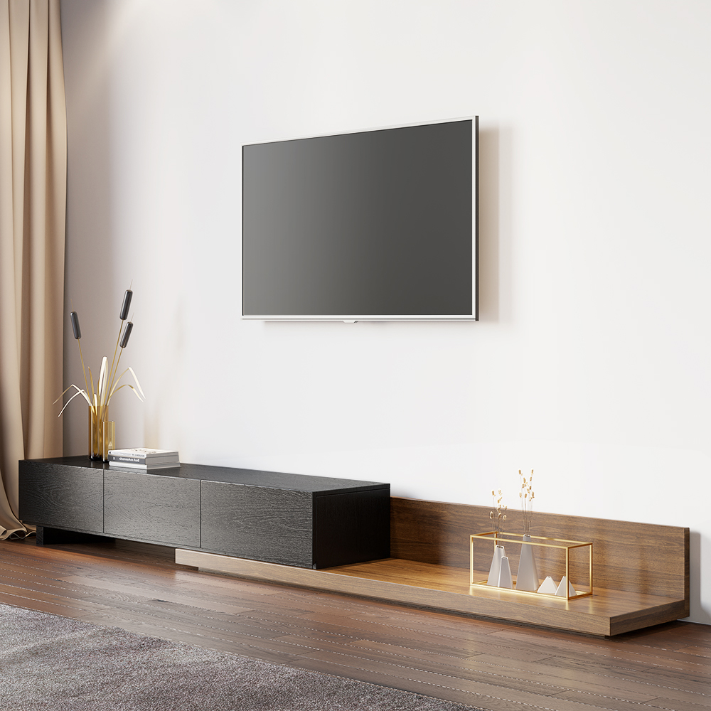 Rectangle Wood Extendable TV Stand Black and Walnut Floor Media Console with 3 Drawers