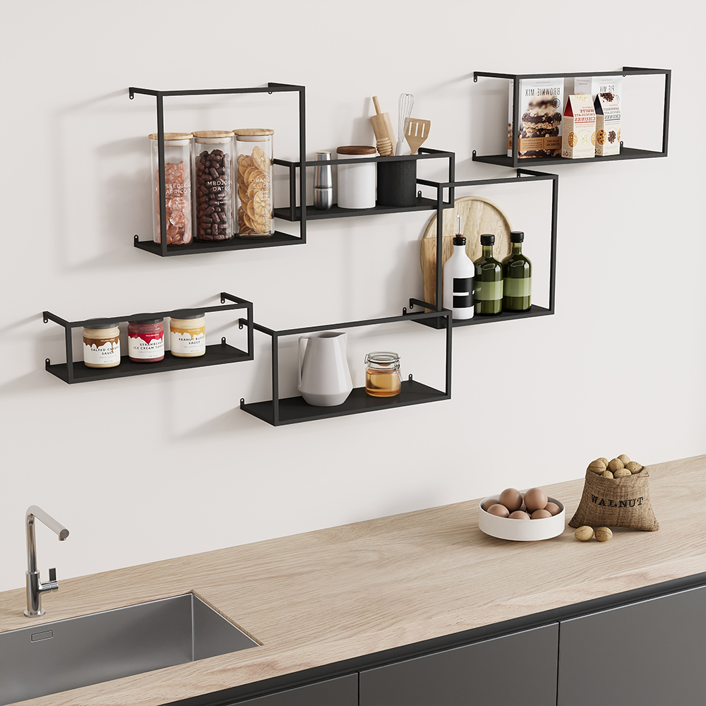 Modern 6 Pieces Wall-Mounted Shelving Black Floating Storage Shelves Metal