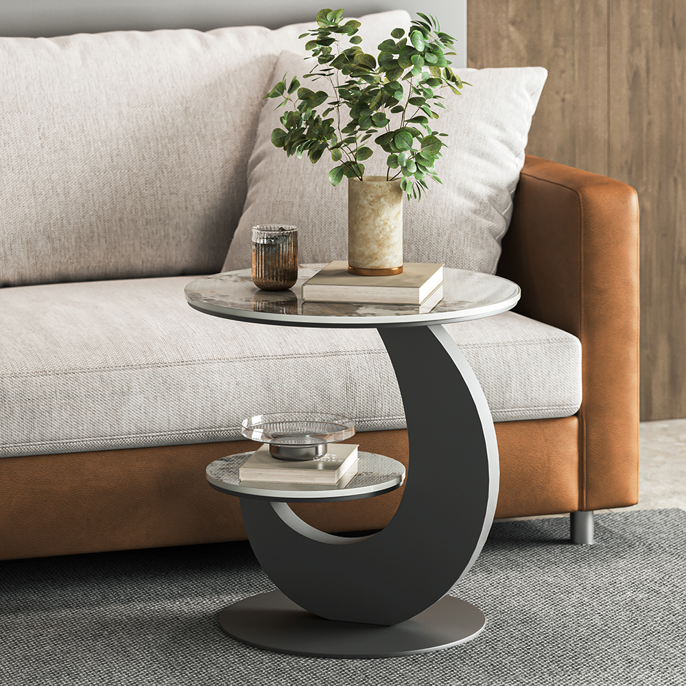 Sintered Stone Side Table 2 Tier Decorative Cocktail Table Round End Table Modern Simplicity Living Room