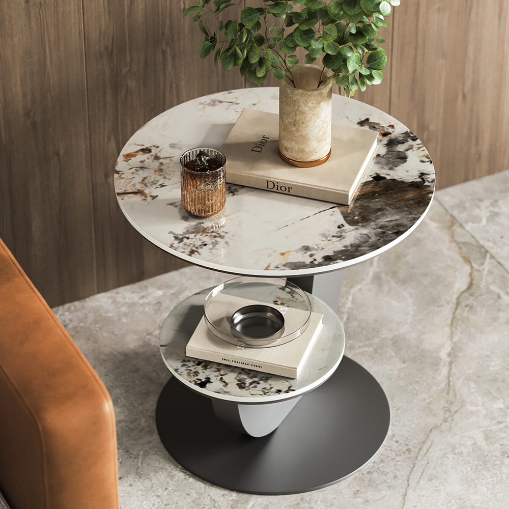 Sintered Stone Side Table 2 Tier Decorative Cocktail Table Round End Table Modern Simplicity Living Room