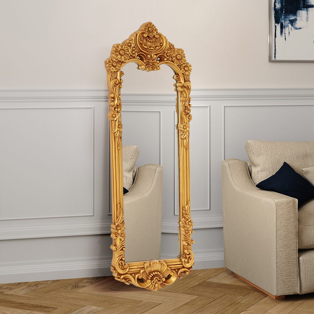 Espejo de suelo de cuerpo entero adornado en oro vintage de gran tamaño, 1670 mm