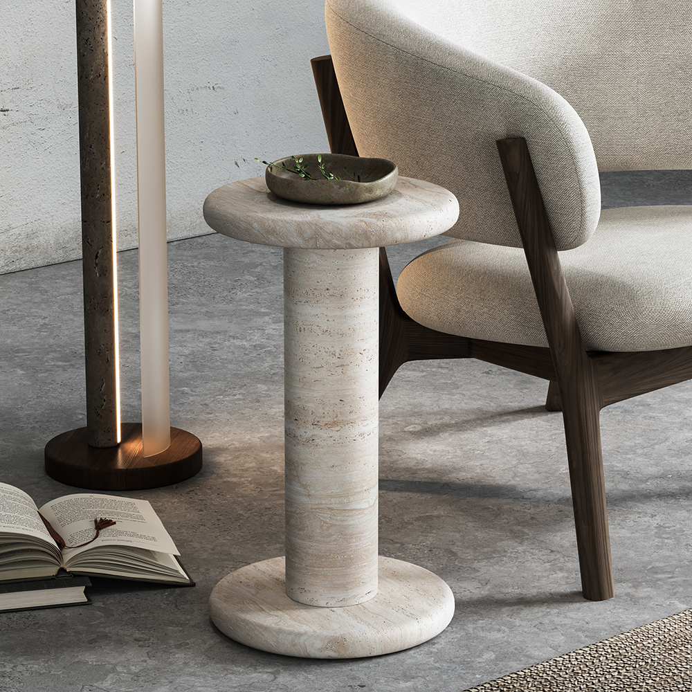 Beige Round Travertine Side Table 12.6" Modern End Table in US