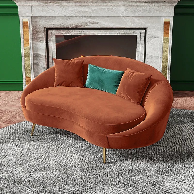 Modern 63" Bronze Velvet Curved Sofa Toss Pillow Included