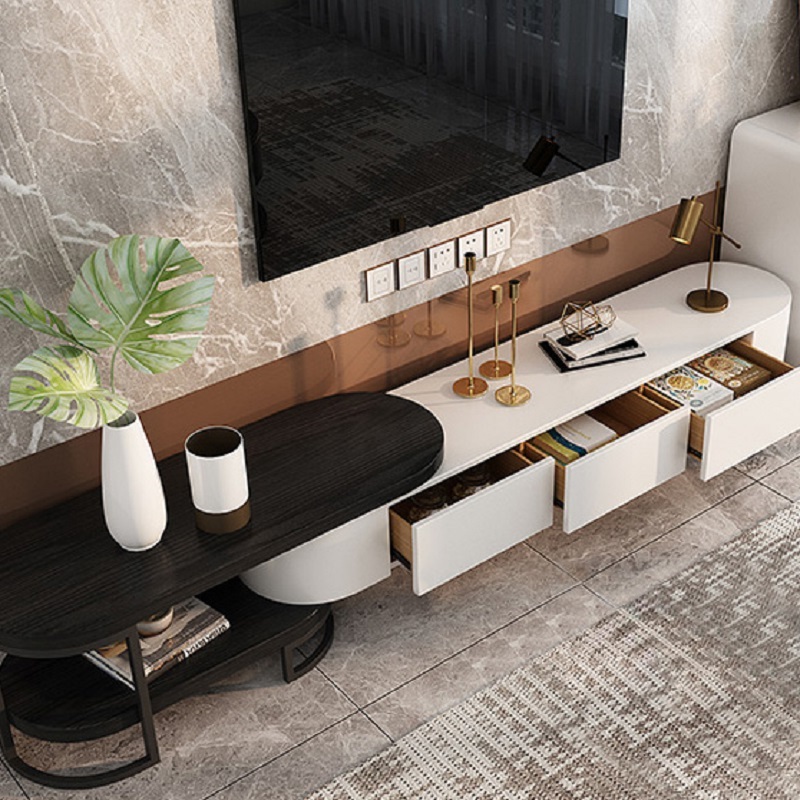 Nesnesis Modern Extending TV Stand with Storage Oval White & Black Media Console