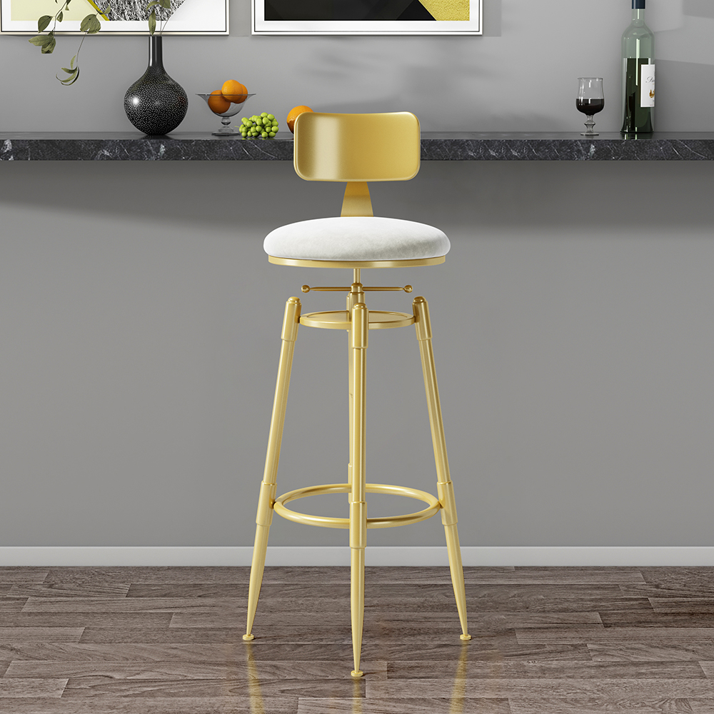 Modern White Velvet Swivel Adjustable Bar Height Bar Stools Set of 2 with Back Breakfast Bar Stools