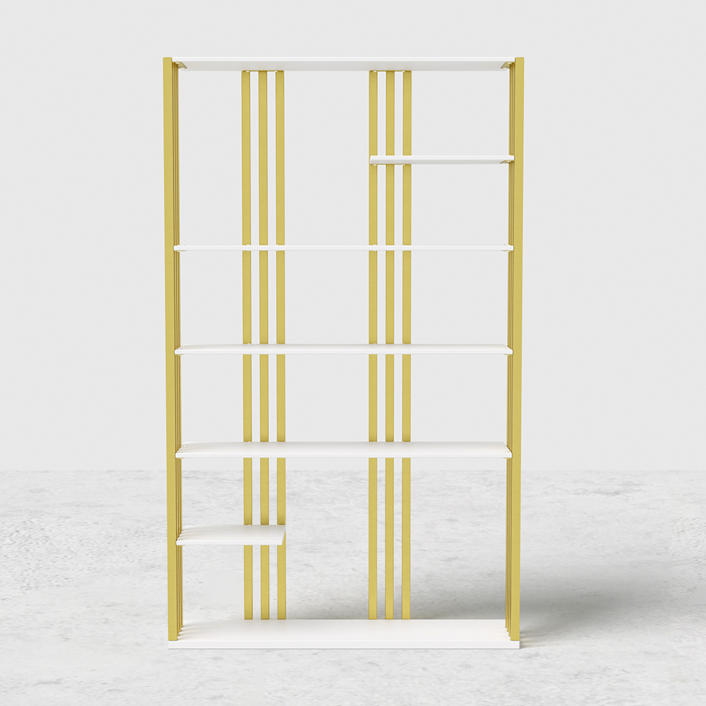 78" Modern Steel Etagere Bookshelf Display Shelving 6-Shelf Tall Book Shelf White & Gold