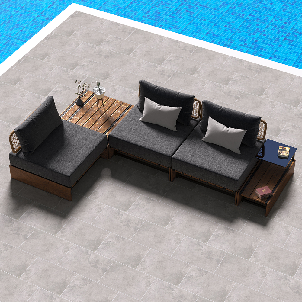 5Pcs Teak Outdoor Sectional Sofa Set with Coffee Table and Cushion in Natural & Grey