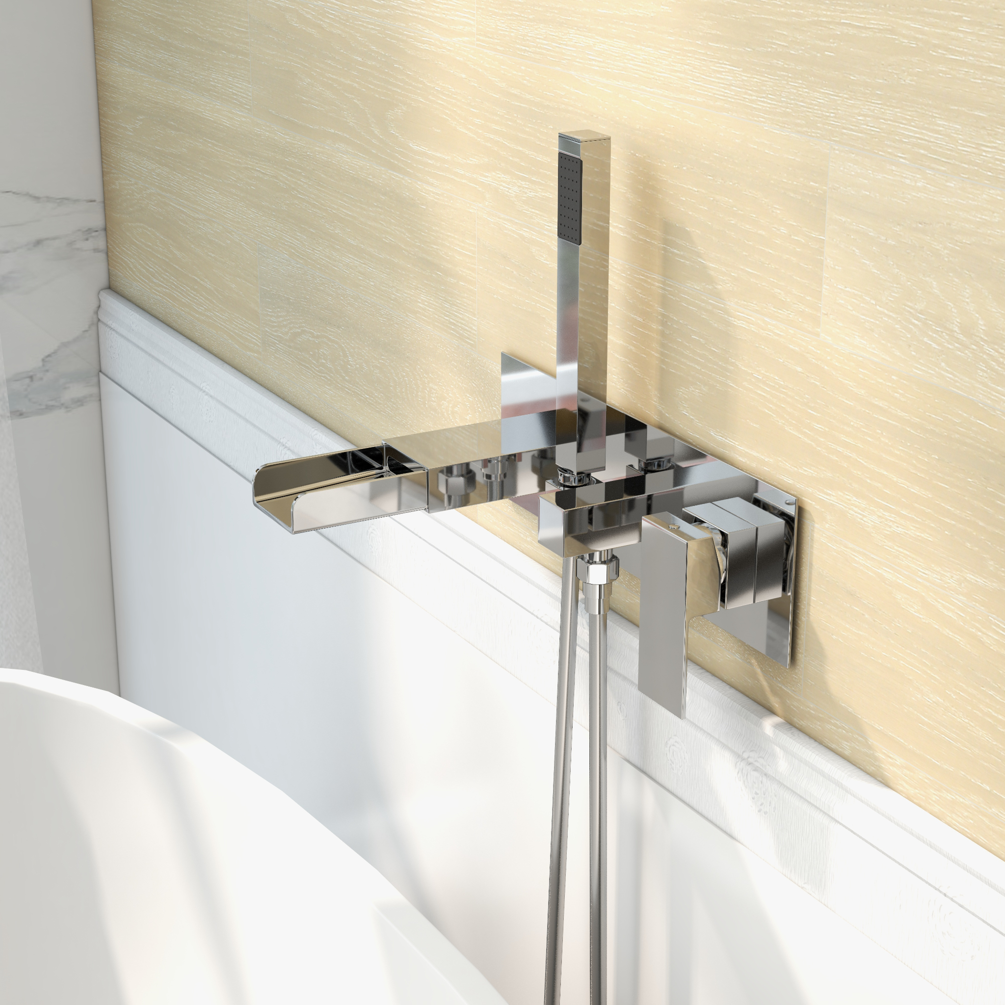 Mill Modern Waterfall Wall-Mount Tub Filler Faucet & Handshower Chrome Solid Brass