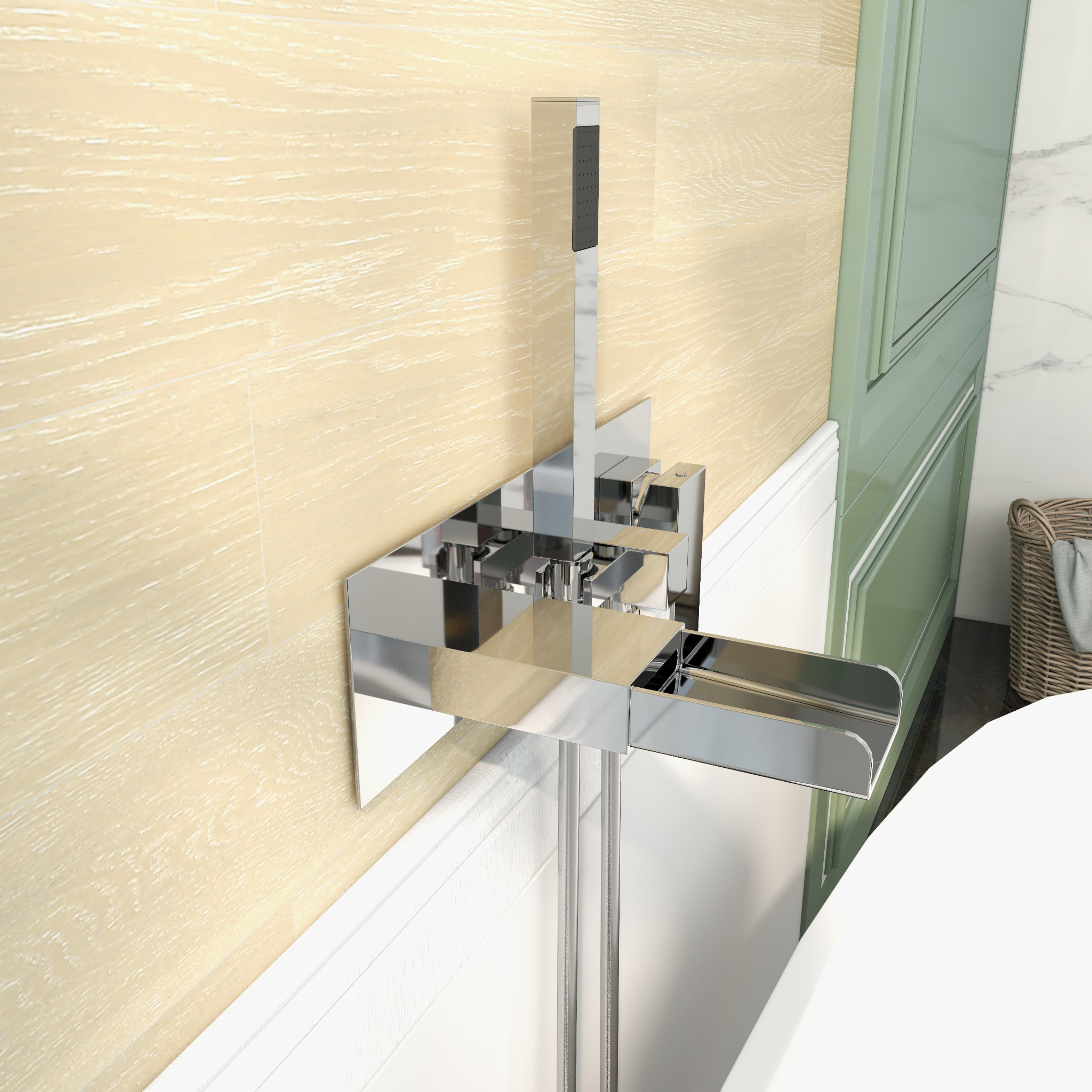 Mill Modern Waterfall Wall-Mount Tub Filler Faucet & Handshower Chrome Solid Brass