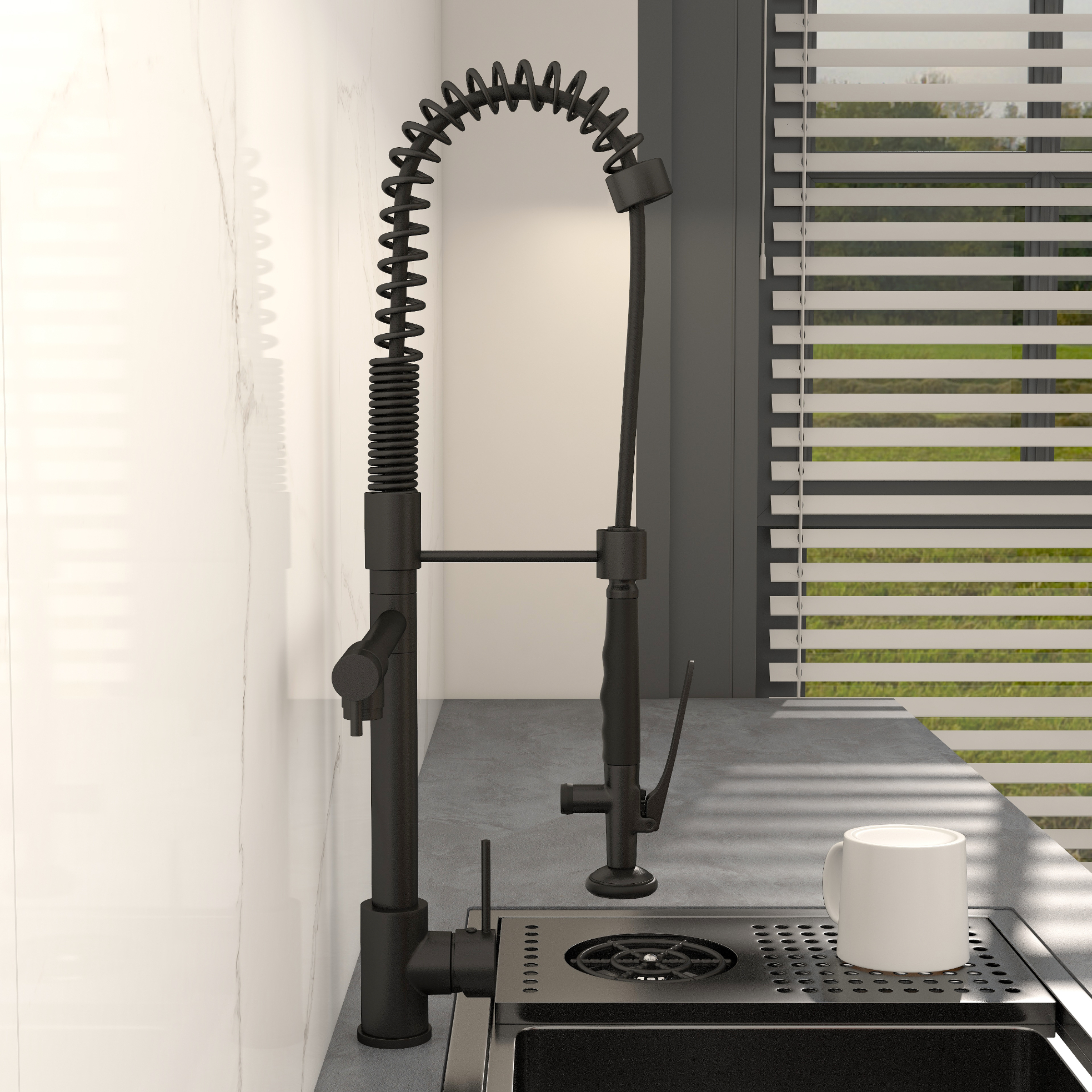 Commercial Pull Down Pre-rinse Spring Sprayer Matte Black Kitchen Sink Faucet with Deck Plate Solid Brass
