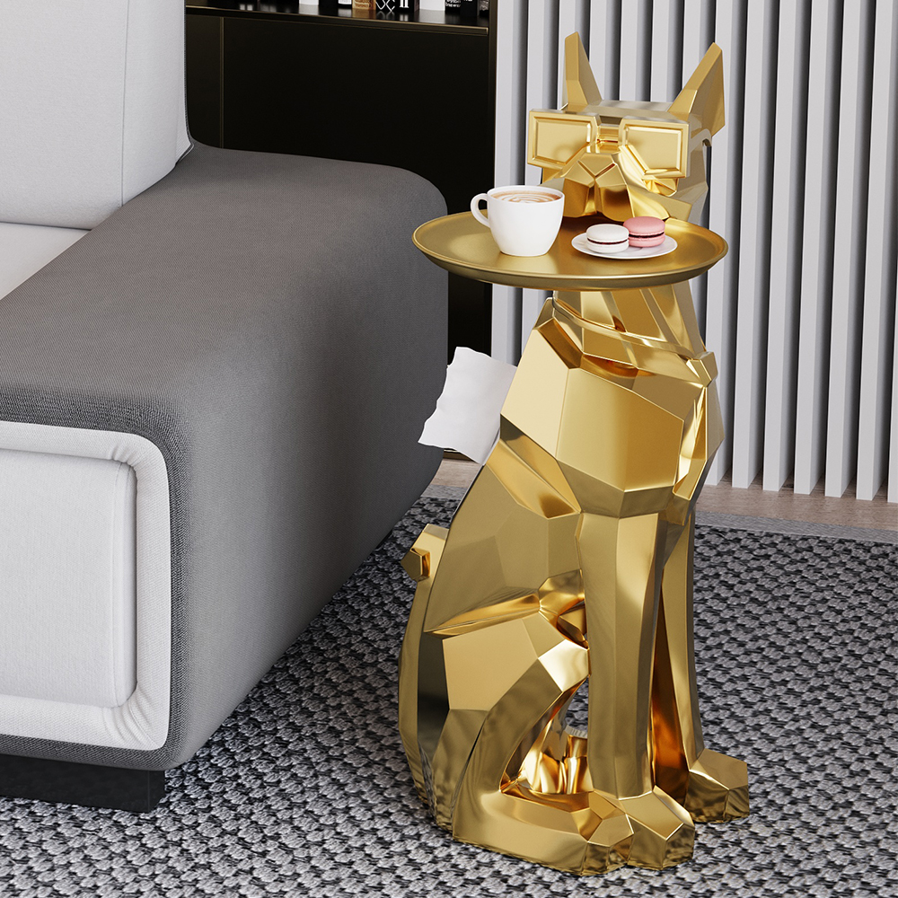 Modern Gold Resin Dog Sculpture Cute End Side Table With Metal Storage Tray Tissue Box in US