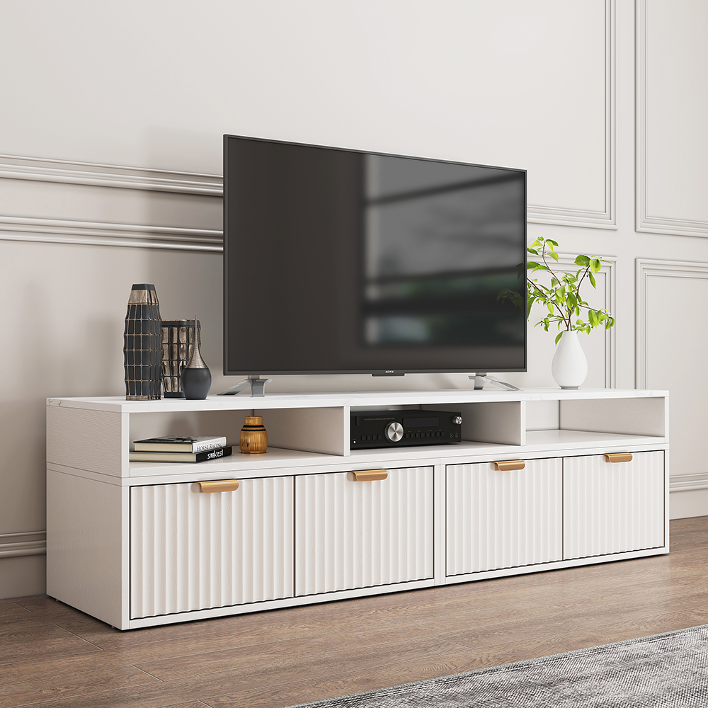 56.6 Inch TV Stand White Corner Media Console Fluted with 2 Drawers & 5 Shelves