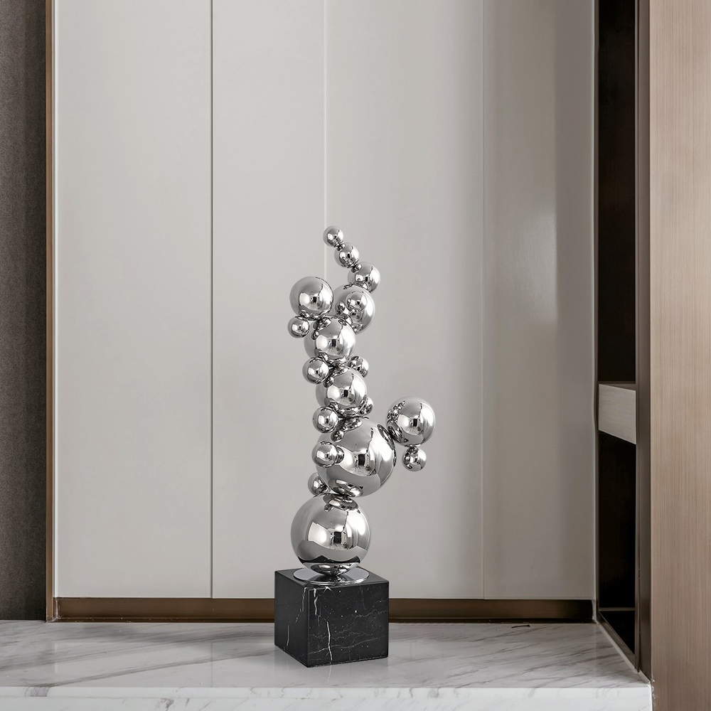 Sculpture en forme de boule géométrique abstraite moderne de 620 mm, décoration en marbre en acier inoxydable