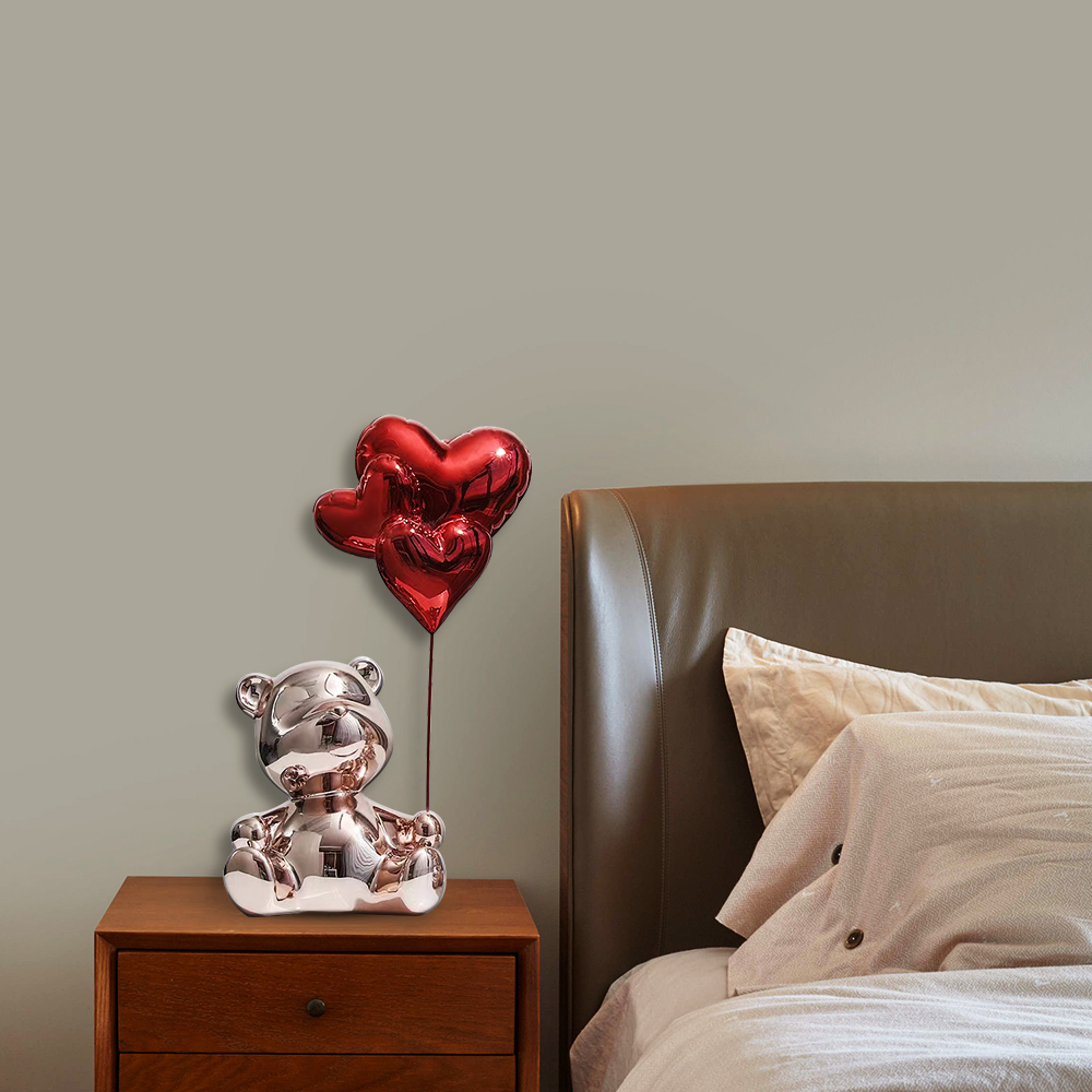 Bonita estatua de oso sentado rosa de 265 mm, adorno decorativo con globos en forma de corazón rojo