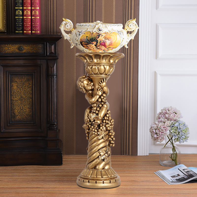 30.9" Large Tall Vintage Angel Boy Round Pedestal Plant Stand Indoor Decor in Gold
