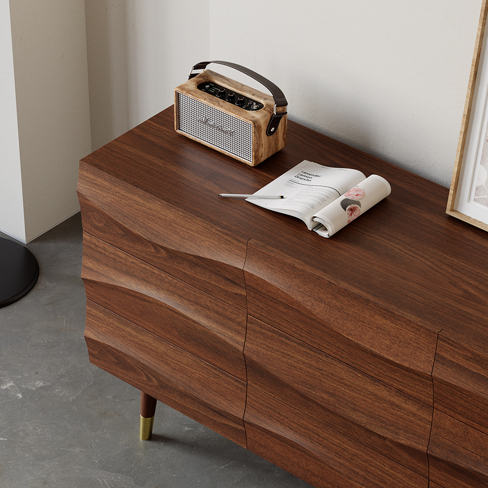 55" Mid Century Modern Walnut Wooden Dresser with 9 Drawers