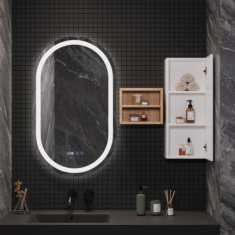 Led Lighted Bathroom Mirror With Side Cabinet and Rack Wall-mounted Black Walnut in US