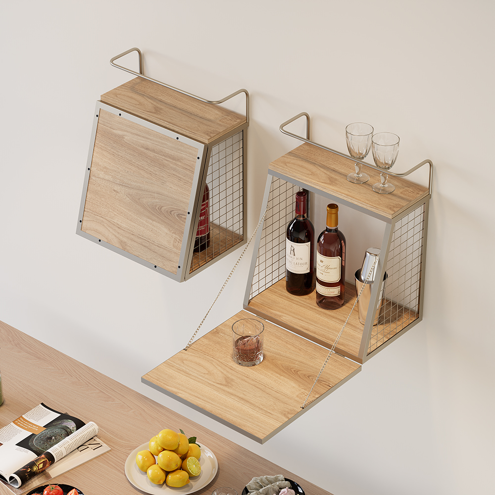 Industrial Floating Bar Table with Storage Natural Wood Hanging Cocktail Bar