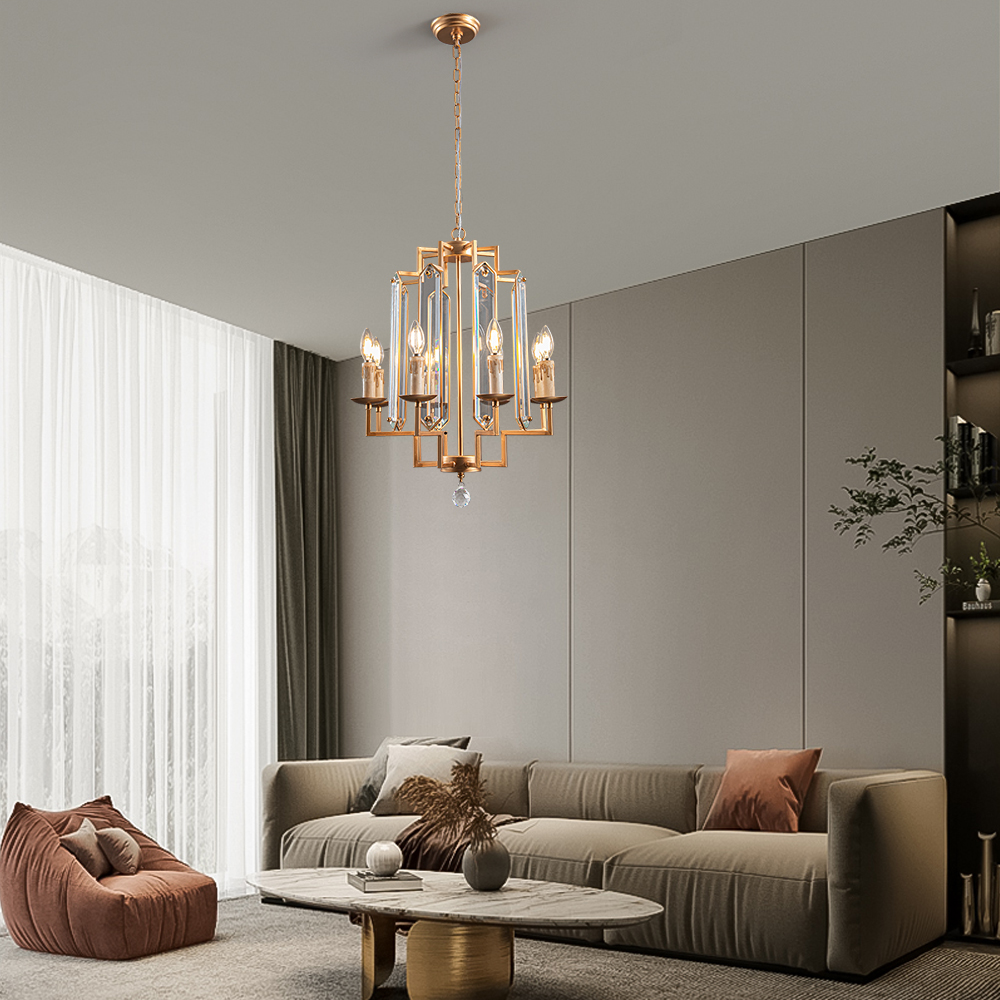 8-Light French Country Candle-Style Crystal Pendant Chandelier Light in Gold