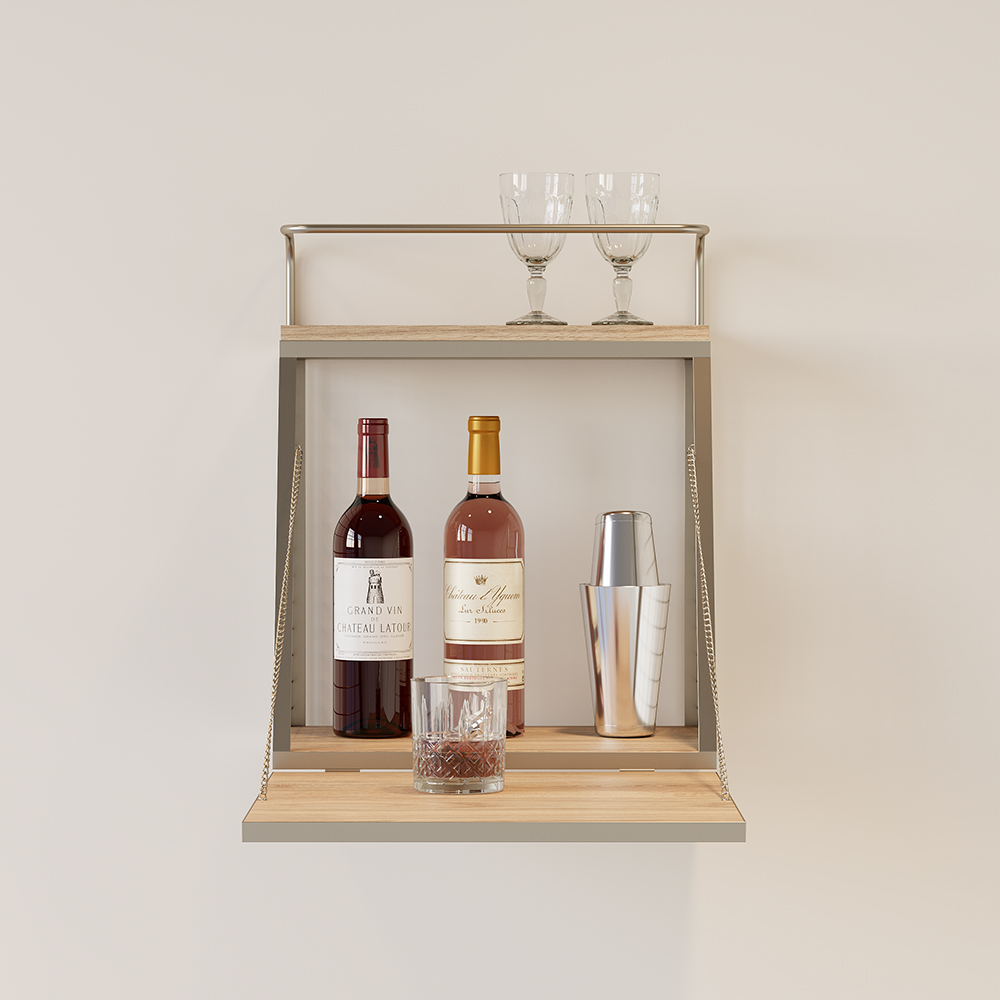 Industrial Floating Bar Table with Storage Natural Wood Hanging Cocktail Bar