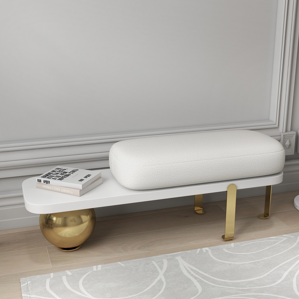 Juego de mesa consola blanca de 1200 mm y banco de entrada de madera con patas de metal tapizadas en forma de boucle