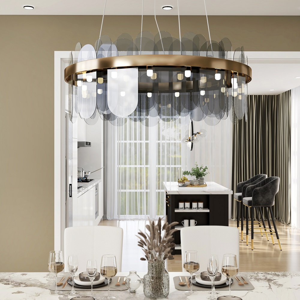 Candelabro moderno redondo de cristal gris ahumado escalonado de 6 luces