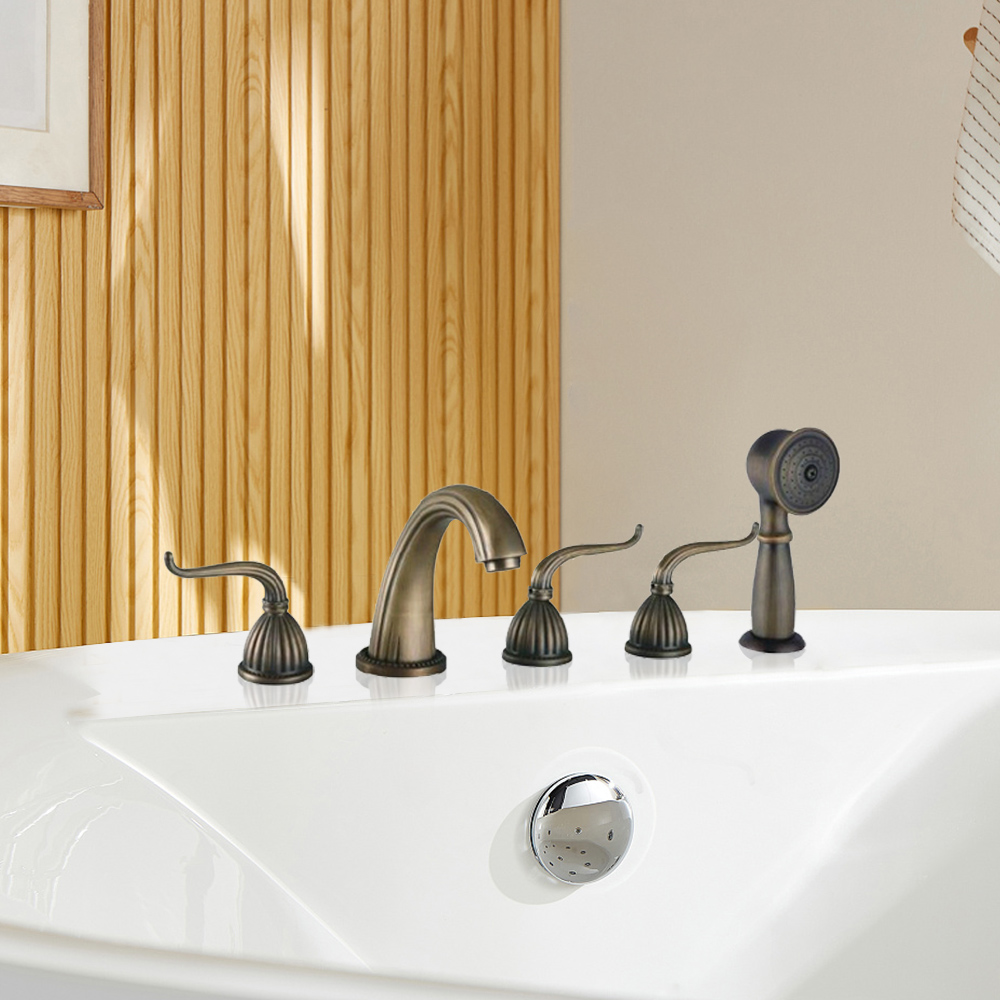 Antique Brass Deck Mounted Roman Tub Faucet With 3 Handles Hand Shower in US