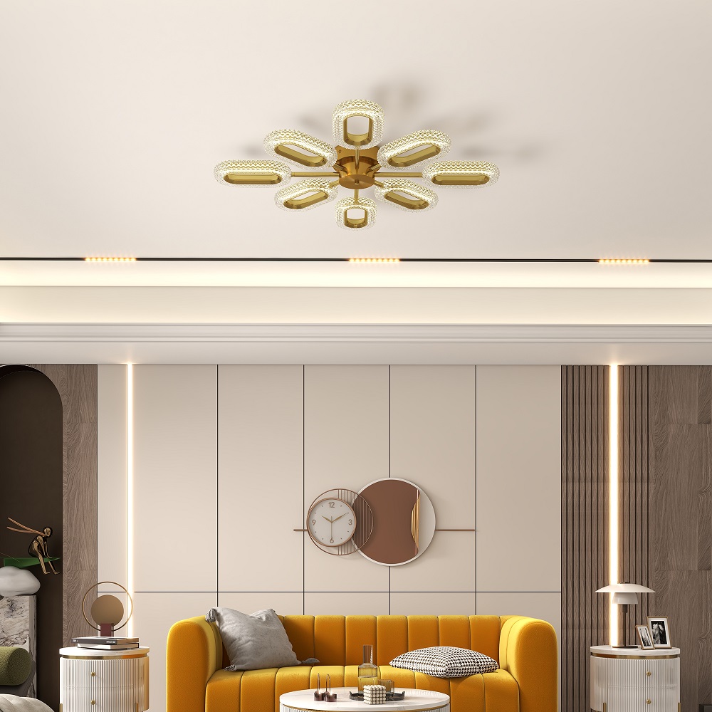 Ovated Brass Semi Flush Mount Light 8-Light LED Ceiling Light Ring Light Fixture in Gold