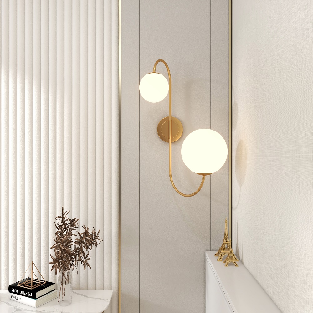 Modern Wall Sconce White Globe Glass Shade 2-Light Wall Lamp in Aged Brass