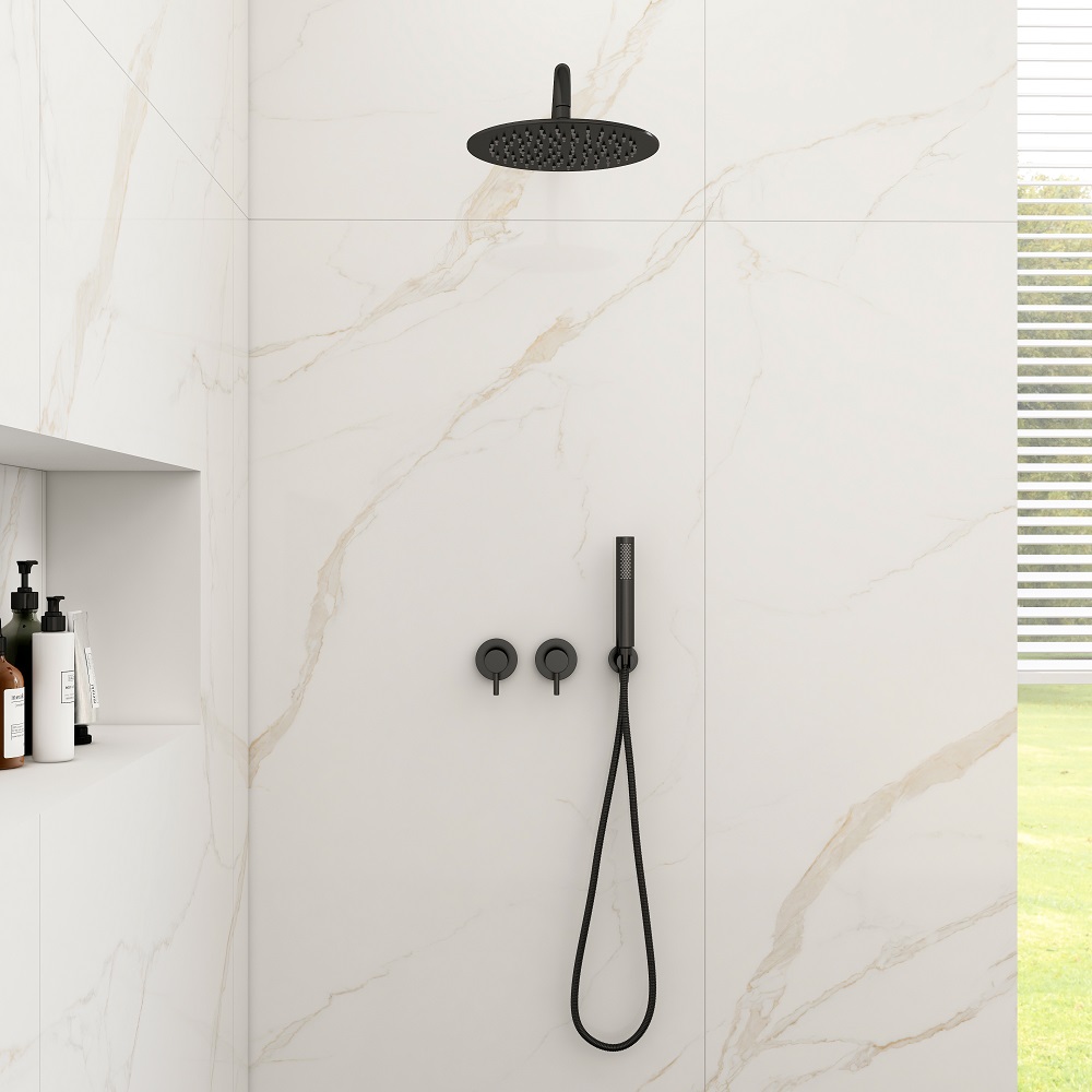 10" Wall-Mounted Round Black Shower System 2-Function with Hand Shower