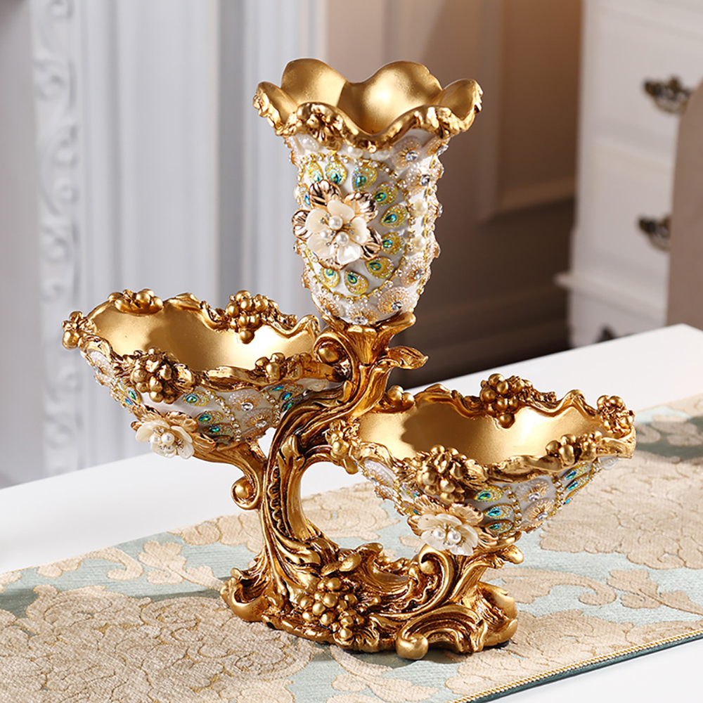Shinely 2 Tiered Gold & White Fruit Basket Plate with Vase Resin Snack Tray Decor