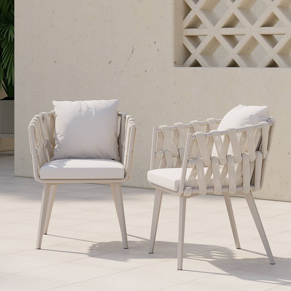 Set of 2 Hand Woven Rope Outdoor Patio Dining Chair with Cushions in Beige Set of 2 Aluminum Alloy Outdoor Dining Chairs