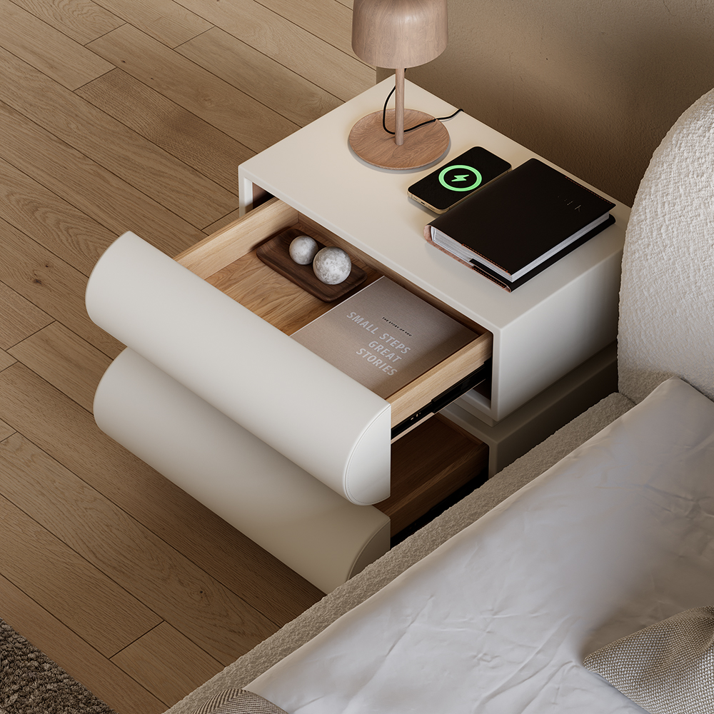 Modern White Leather Smart Nightstand with Wireless Charger 2 Drawers Bedside Table with USB & Type-C Ports