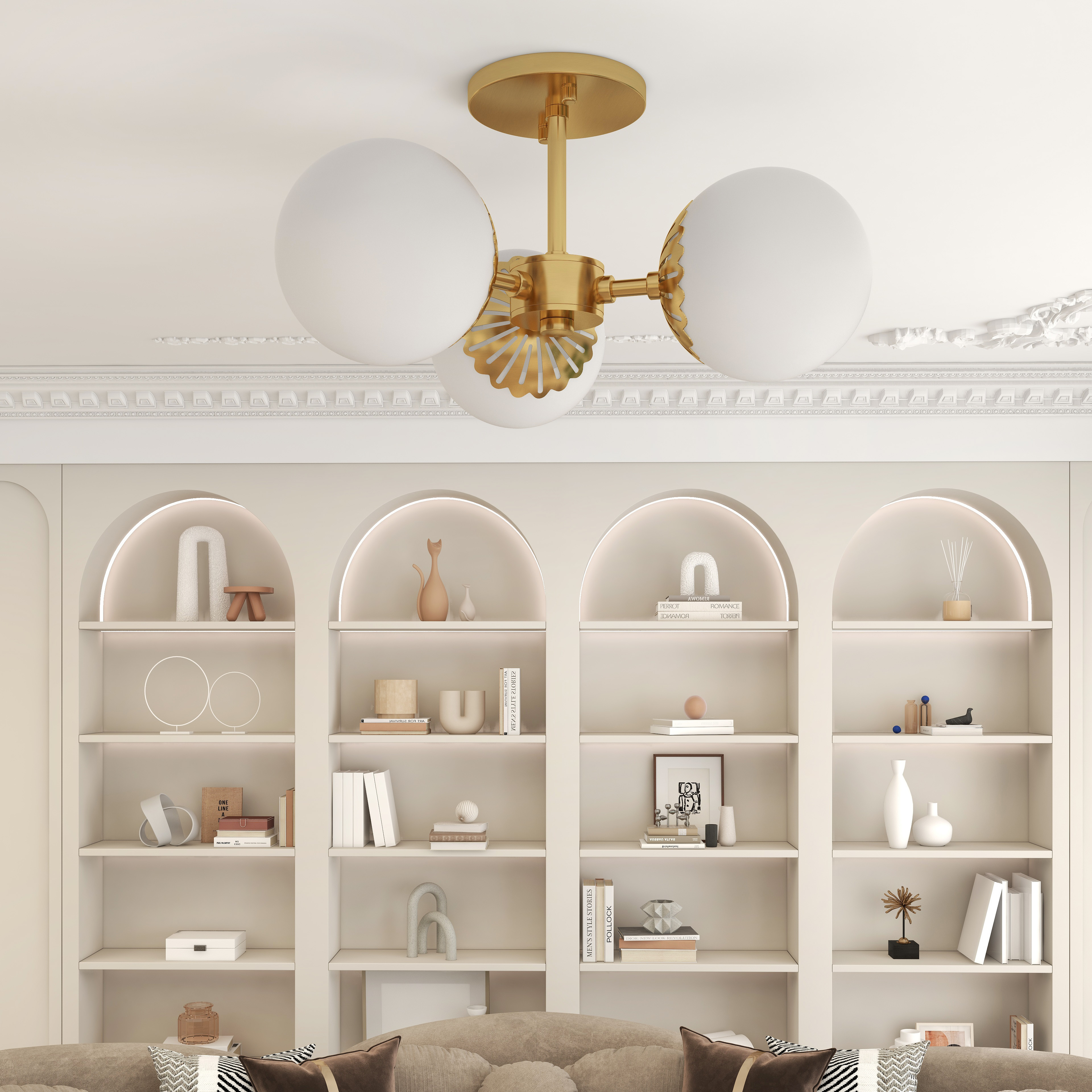 Worldgle Modern Gold 3-Light Semi Flush Mount Light with White Round Glass Globe Shade