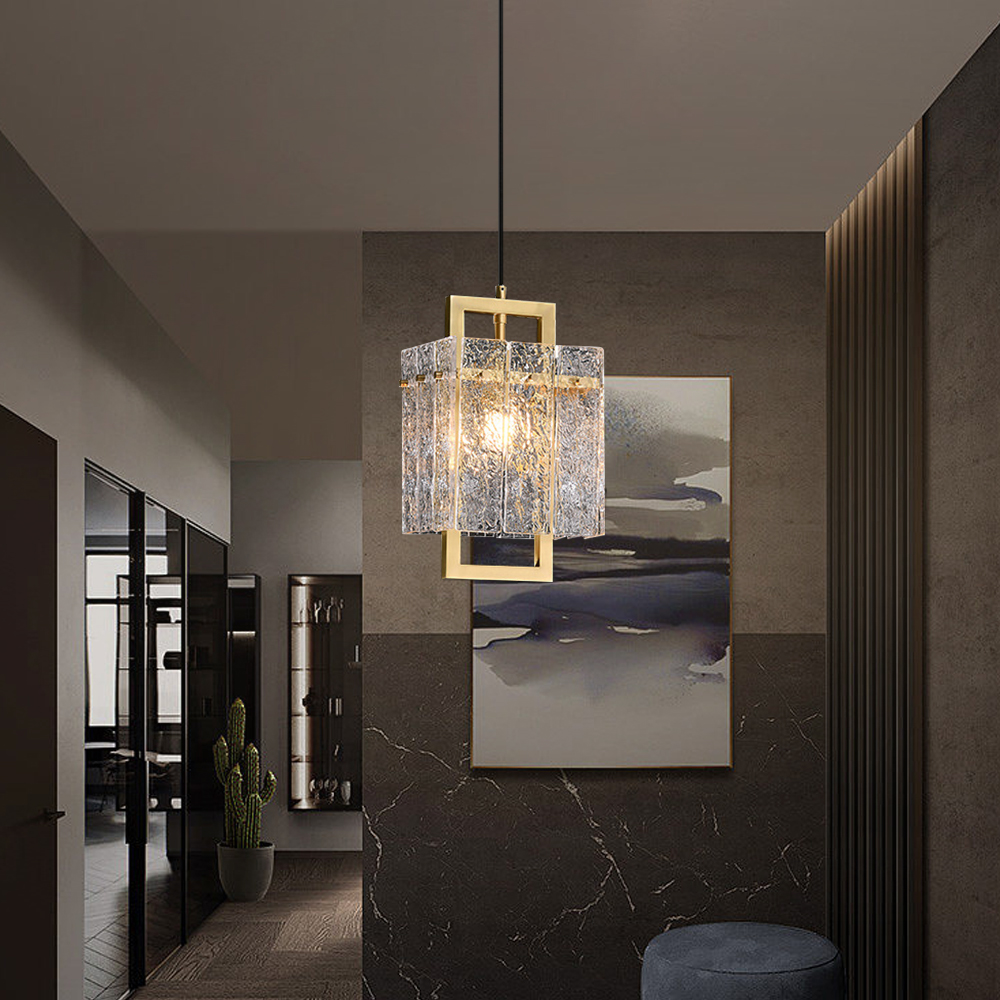Jewell 1-Light Brass Geometric Pendant Light with Water-ripple Glass Shade