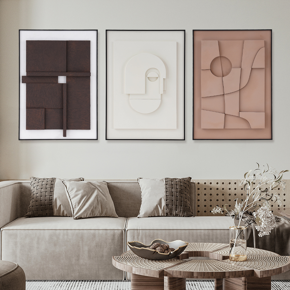 3 Pieces Japandi 3d Wall Art Painting Hanging Wall Decor Set With Black Rectangle Frame in US