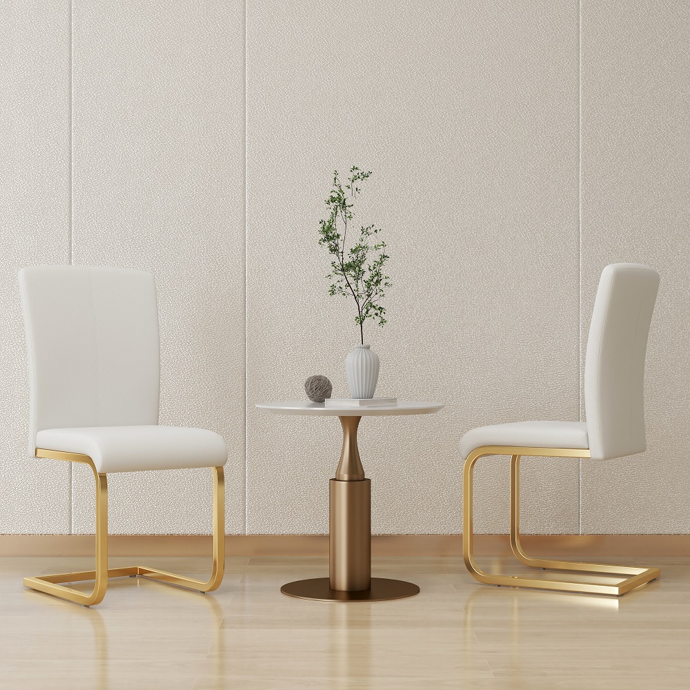 Modern Minimalist Upholstered White PU Leather Dining Chairs Set of 4 Gold Metal Base