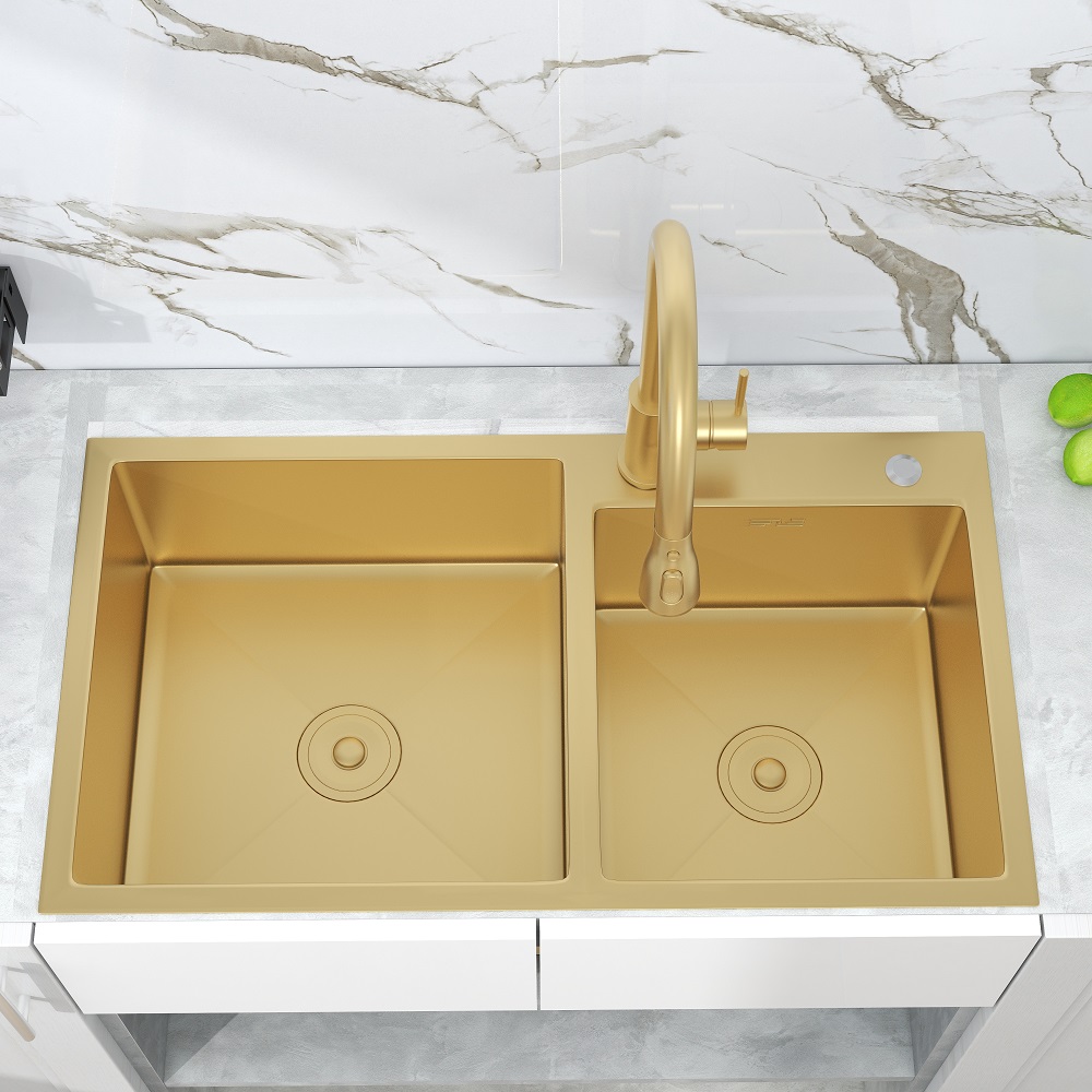 32" Gold Stainless Steel Kitchen Sink Double Bowls Drop-In Sink with Drain and Overflow