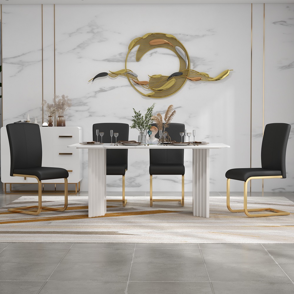 Set of 2 Modern Minimalist Dining Chairs PU Leather Upholstered Black Dining Room Chairs